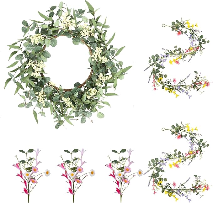 Pinkpum 20'' Eucalyptus Wreath 6FT Daisy Flower 17'' Artificial Silk Flowers Set 6 for Front Door Floral Fireplace Table Hanging Porch Wall Home Decor Farmhouse Indoor Outdoor Summer Spring Garland