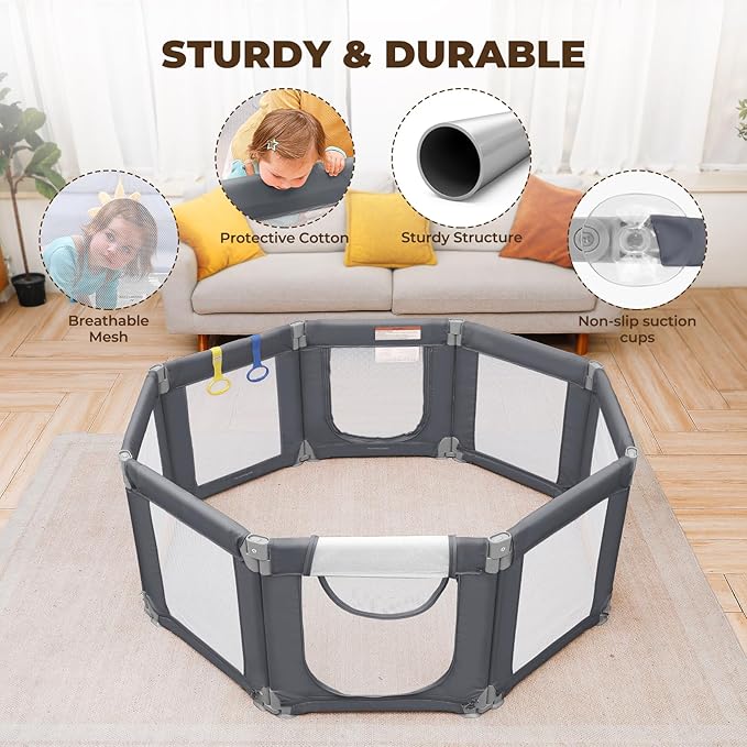 Dripex Small Foldable Baby Playpen, 49"x47" Small Space Play Yard for Travel - Portable Collapsible Play Pen for Babies, Indoor Outdoor Baby Fence, Grey