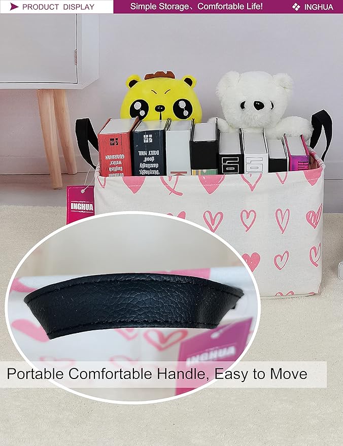 INGHUA Rectangular Storage Basket Fabric Organizer Bin for Toys,Books,Clothes,Gifts,Pets-Perfect for Home,Office,Nursery,Dorm,Shelf(Rec-Pink hearts )