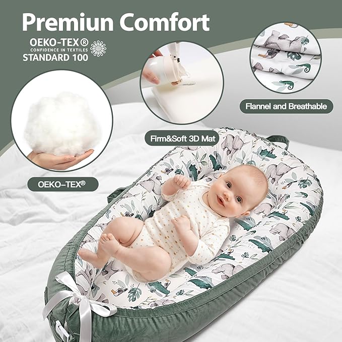 Baby Lounger-Breathable and Soft Organic 100% Cotton, Portable Infant Lounger with Removable Lounger Cover, Baby Nest Lounger for Newborn - Green Zoo