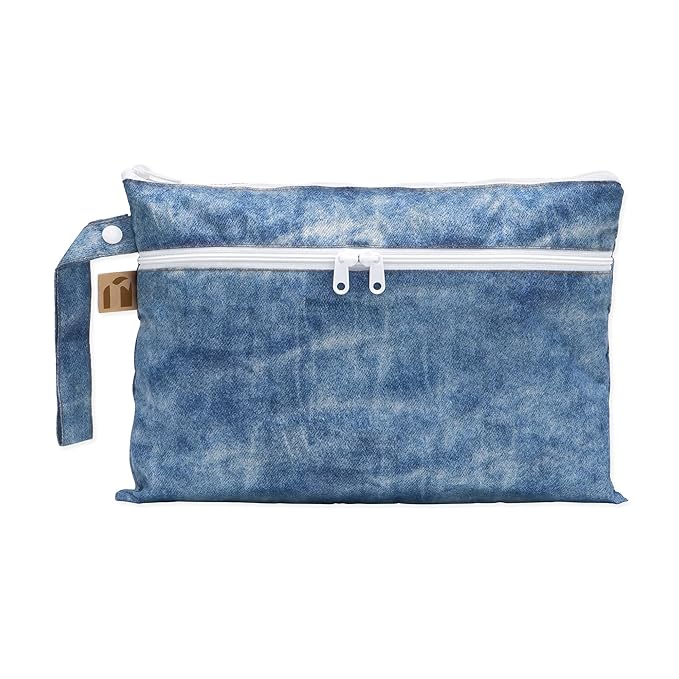 Bumkins Roamio Waterproof Wet Dry Clutch Bag for Baby, Travel, Swim Suit, Cloth Diapers, Pump Parts, Pool, Gym Clothes, Beach, Toiletry, Hook to Stroller, Pack for Daycare, Zip Pack Pouch, Faux Denim