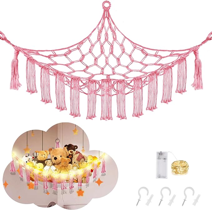 CERETIA Stuffed Animal Hammock with LED Light, Large Stuffed Animals Storage Corner Plushie Net for Kids Room Decor, Jumbo Pink