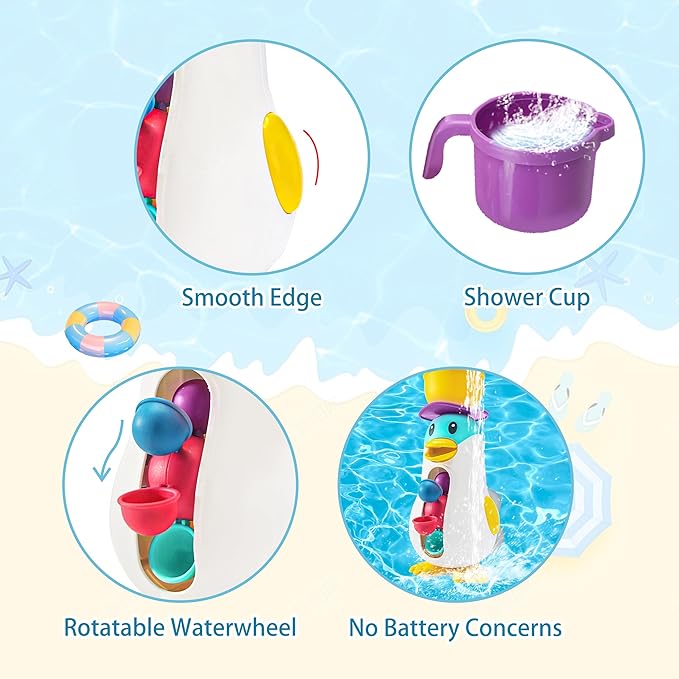 Bath Toys for Kids Ages 1-3, Toddlers Waterfall Bathtub Toys with Suction Cups, Penguin Kids Bath Toys with Rotatable Waterwheel, Birthday Gift for Boys Girls