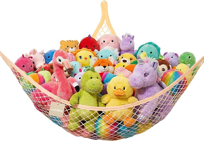 Lazebox Stuffed Animal Net Hammock for Plushie Toys, Stuffed Animal Hammock Corner for Kids' Room Decor, Ideas for Organizing Stuffy Collection, Yellow, L (67" x 40" x 40")-Pack of 1