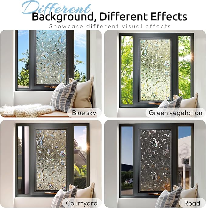 rabbitgoo Window Privacy Film, Decorative Stained Glass Window Film, Heat Blocking Glass Clings, Renter-Friendly Static Cling Frosted Sticker Covering for Home, Taupe Tulip 17.5" x 78.7"