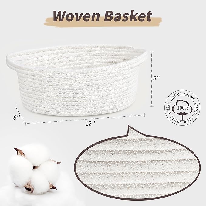 Pro Goleem Small Woven Basket with Gift Bags and Ribbons Durable Baskets for Graduation Gifts Empty Small Rope Basket for Storage 12"X 8" X 5" Baby Toy Baskets with Handles, White