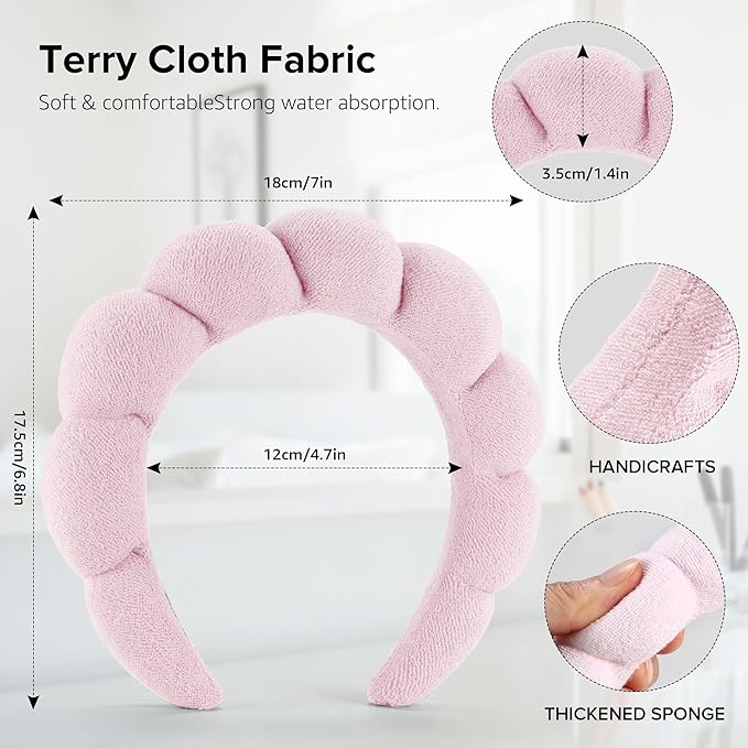 Spa Headbands for Face Washing, Facials, Masks & Skin Treatments, Set of 2, 100% Cotton Terry Cloth, Plush Soft Absorbent Headband, Pink & Blue