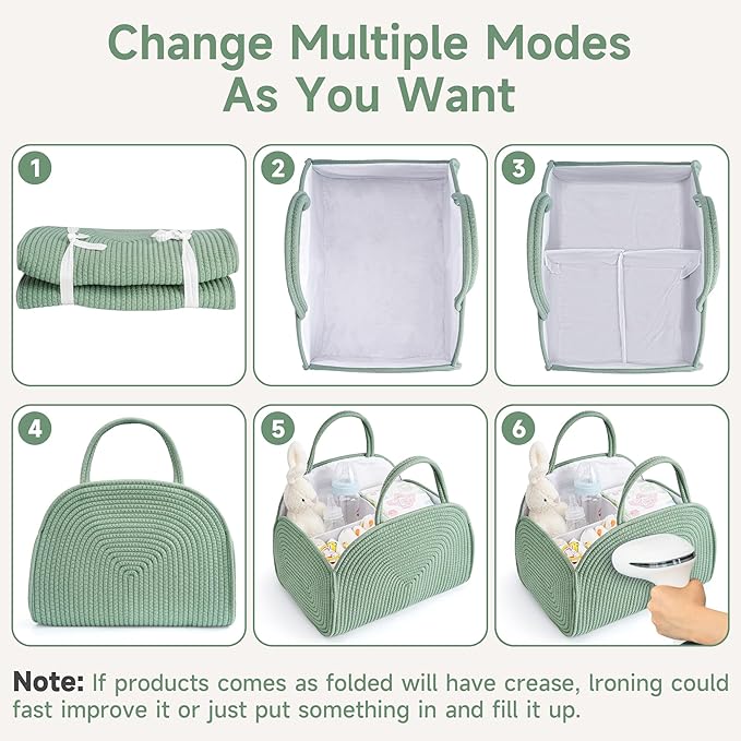 Diaper Caddy Organizer for Baby, Cotton Rope Baby Gift Basket, Portable Diaper Organizer for Changing Table, Diapers Nursery Storage Organizer for Travel, Camping, Green Baby Shower Gifts for Newborn