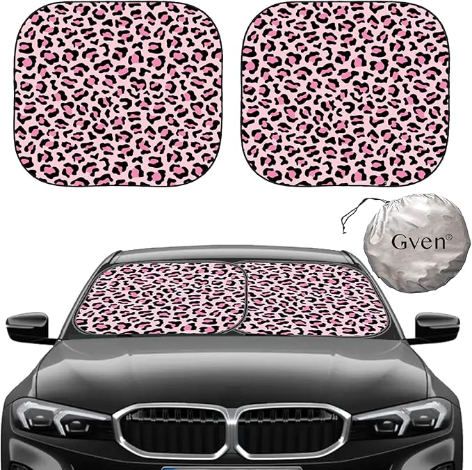 GVEN Windshield Sun Shade Car Sunshade Truck Accessories Large-Size Front Window Shades Windshield Cover Visor for Full-Size MPVs, Vans, Trucks, SUVs, Tesla (Pink Leopard, L)