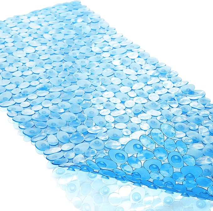 Bath Tub and Shower Mats, Non-Slip Pebble Bath Mat, 35 x 16 Inches Machine Washable Bathtub Mat with Drain Holes, Suction Cups for Bathroom (Clear Blue)
