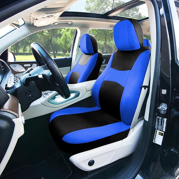 FH Group Full Set Cloth Car Seat Covers , Universal Fit Combo Set with Steering Wheel Cover and Seat Belt Pad for Cars, SUVs and Trucks, Blue