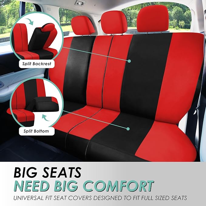 FH Group Car Seat Covers Full Set Cloth, Universal Fit combo, Automotive Covers, Low Back Front Airbag Compatible,Split Bench Rear Seat,Washable Cover for SUV,Sedan,Van Red