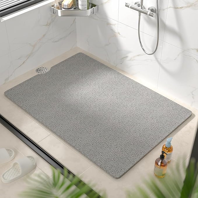 HITSLAM Non Slip Bathtub Mat 40 x 28 Inch, Extra Long Bath Mat for Tub, Soft PVC Loofah Shower Floor Mat with Drain, Quick Drying Bathroom Tub Mat for Wet Area, Without Suction Cup, Grey