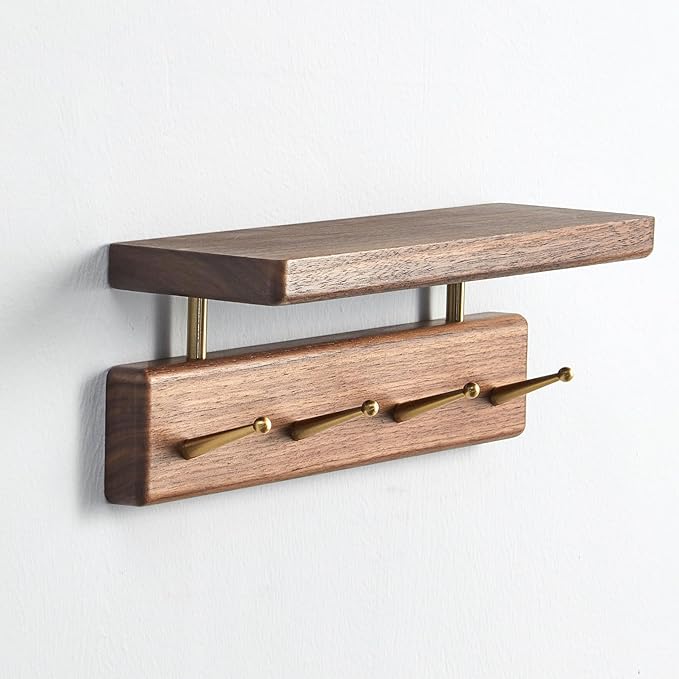 Mayhas Solid Wood Shelf with Hooks, 12 inch Coat Rack Wall Mount, Shelves with 4 Brass Hooks for Hanging in Entryway, Living Room, Bathroom, Bedroom, Kitchen(Walnut)