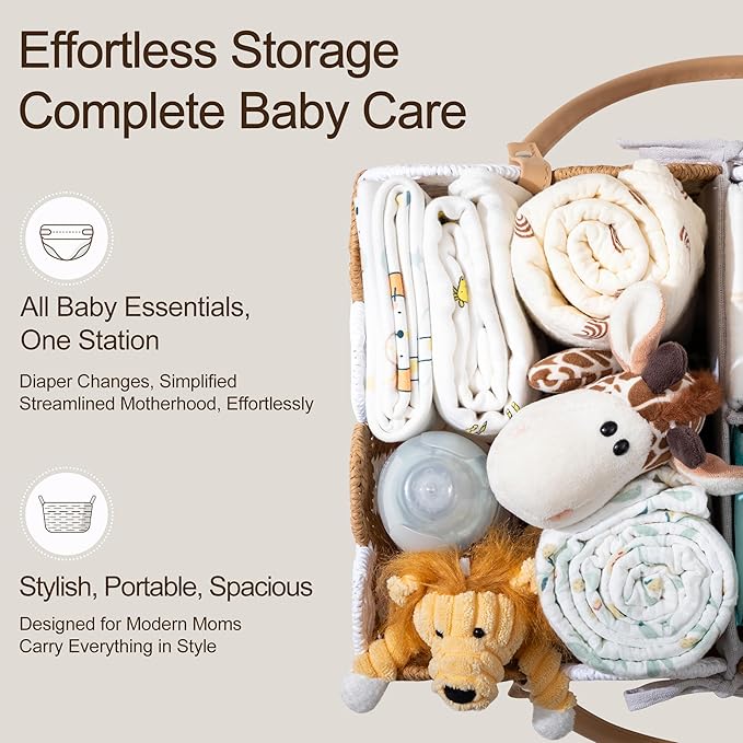 HBlife Large Baby Diaper Caddy, Paper Rope Storage Baskets Nursery Bin with Removable Divider, Portable Car Organizer for Diapers, Baby Shower Gifts, Newborn Essentials Must Haves