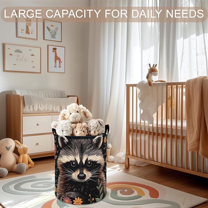 Raccoon Laundry Basket Hamper 19.7"x15.8", Cute Animal Foldable Waterproof Oxford Clothes Storage Bucket for Room Bathroom Bedroom Nursery Decor, Toy Organizer Bins Gifts for Kids Boys Girls