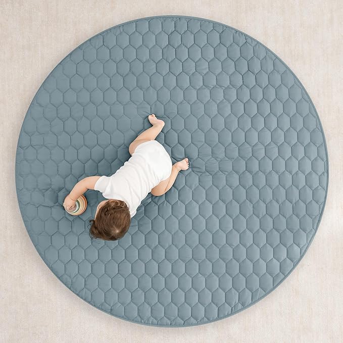 Comfy Cubs Round Kids Play Mat - Large 60 inches Soft Quilted Baby Floor Mat with Non-Slip Bottom - Plush Design for Toddlers' Playtime - Comfortable and Durable - Pacific Blue