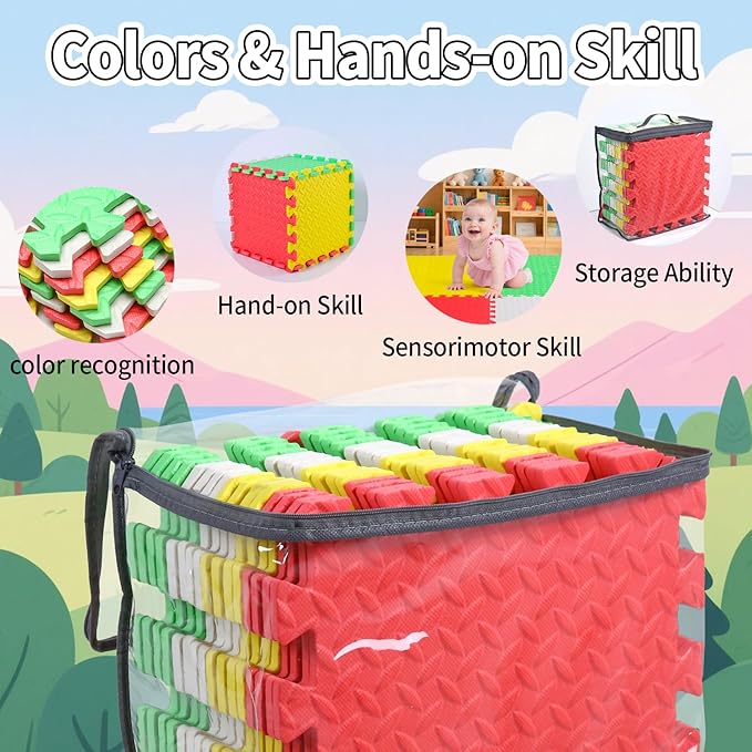 Coolcandy Baby Foam Play Mat 16Pcs with Edge Strips, 4 Colors Interlocking Floor Tiles, 0.4″ Thickened Non-Slip Puzzle Floor Mat for Infants Toddlers Playroom & Daycare