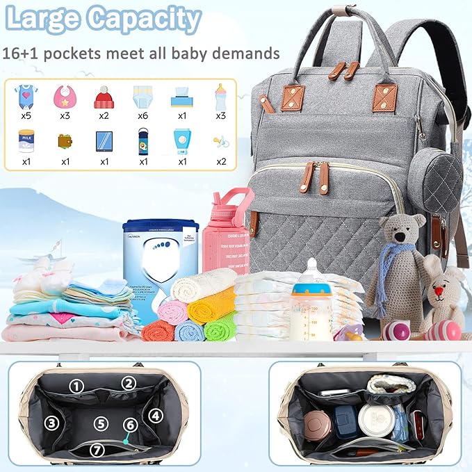 SHITIESHOU Diaper Bag Backpack Baby Bag, Baby Girl Boy Diaper Bag for Dad Mom with Pad, 16 Pockets, Pacifier Case, Large Diaper Bags Unisex for Travel (Grey)