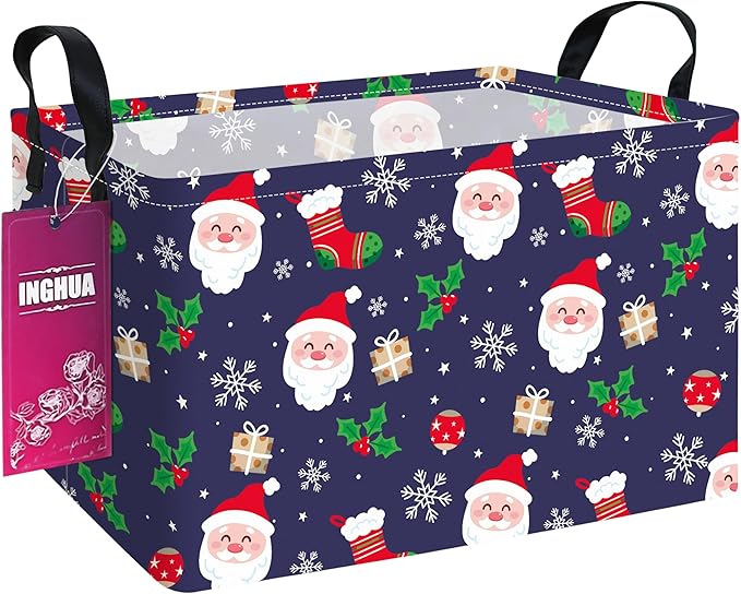 INGHUA Rectangular Christmas Storage Basket Fabric Organizer Bin for Toys,Books,Clothes,Gifts,Pets-Perfect for Home,Office,Nursery,Dorm,Shelf(Rec-Christmas gift basket)