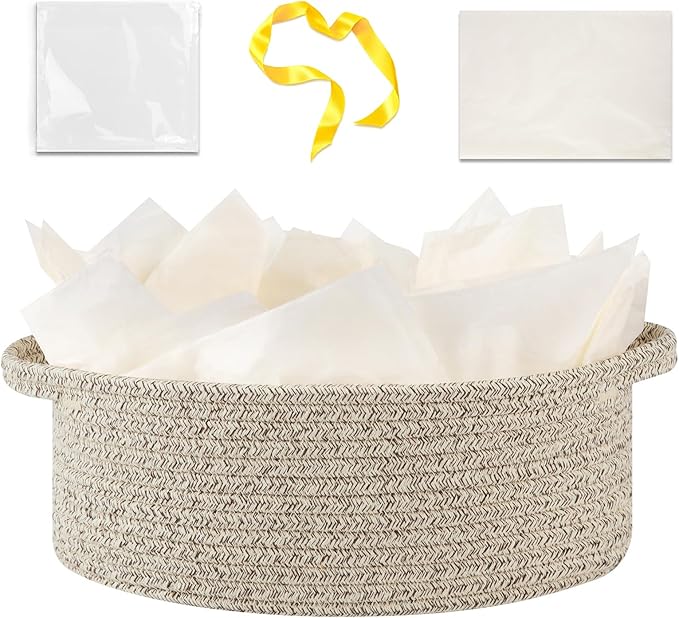 OIAHOMY Gift Basket with Handle, Small Woven Basket with Gift Bag，Ribbon and Wrap Tissue Paper，Nursery Bins Empty to Fill with Small Items, Baby，Pet Toy Organizer - Brown
