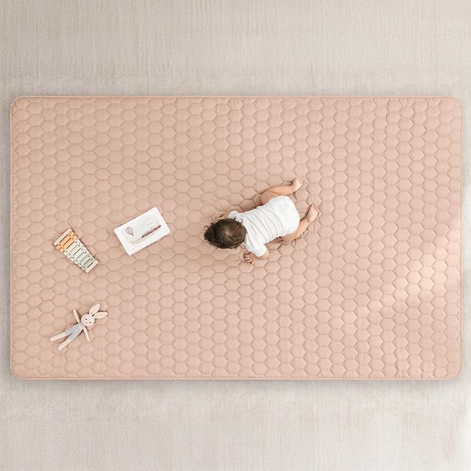 Comfy Cubs Rectangle Kids Play Mat - Large 60 x 96 inches Soft Quilted Baby Floor Mat with Non-Slip Bottom - Plush Design for Toddlers' Playtime- Comfortable and Durable - Blush