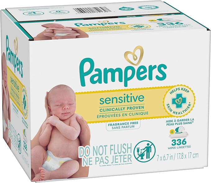 Pampers Sensitive Baby Wipes, Clinically Proven, Fragrance Free, Unscented, Water Based, Hypoallergenic, Multi-Use, Hand Wipes 504 Wipes Total (6X Flip-Top Packs) [Packaging May Vary]