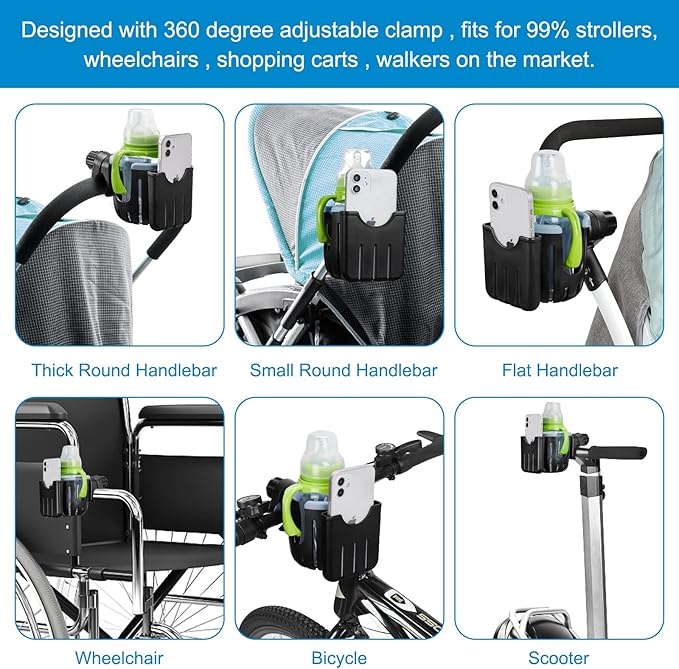 Accmor Stroller Cup Holder with Phone Holder, Universal Cup Holder, 2-in-1 Cup Phone Holder for Stroller, Bike, Walker, Wheelchair