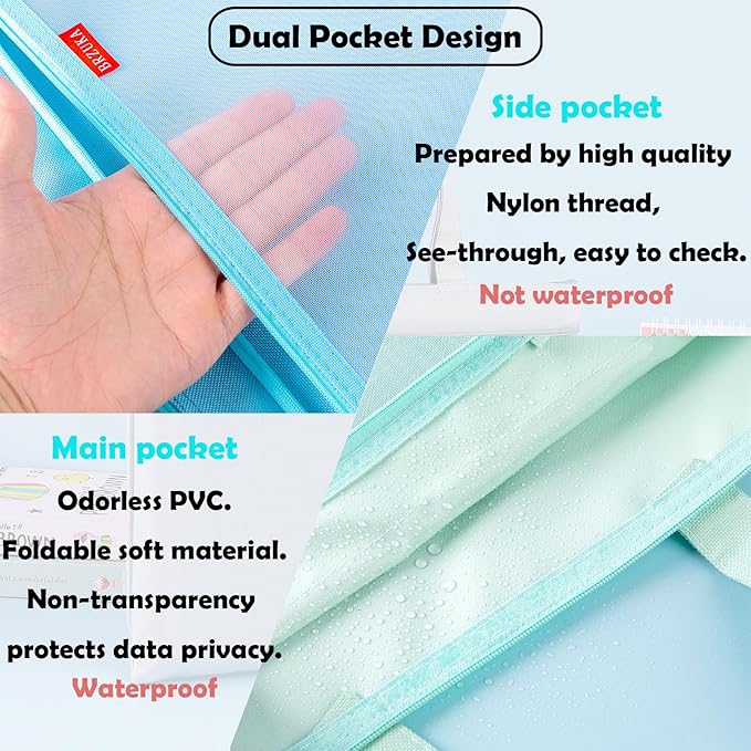 BRZUKA Mesh Zipper Pouch 11x13.7 in, A4 Double Pocket Waterproof File Bag with Handle, Document Storage for School/Travel/Office/Cross Stitch/Puzzle (Blue)