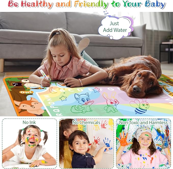 Water Doodle Mat Kids Mess Free Coloring for Toddlers 3 4 5 6 7 8 9 Years, 19 Pack Educational Toys, Doodle Mat with Magic Water Pens Boys Girls Christmas Birthday Holiday Present