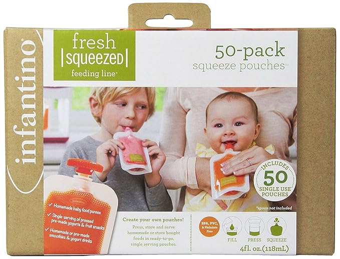 Infantino Disposable Squeeze Pouches Disposable Pouches for Portable Homemade semi-Solid Food for Babies and Toddlers,BPA and PVC Free,Freezer Safe,(Pack of 300)
