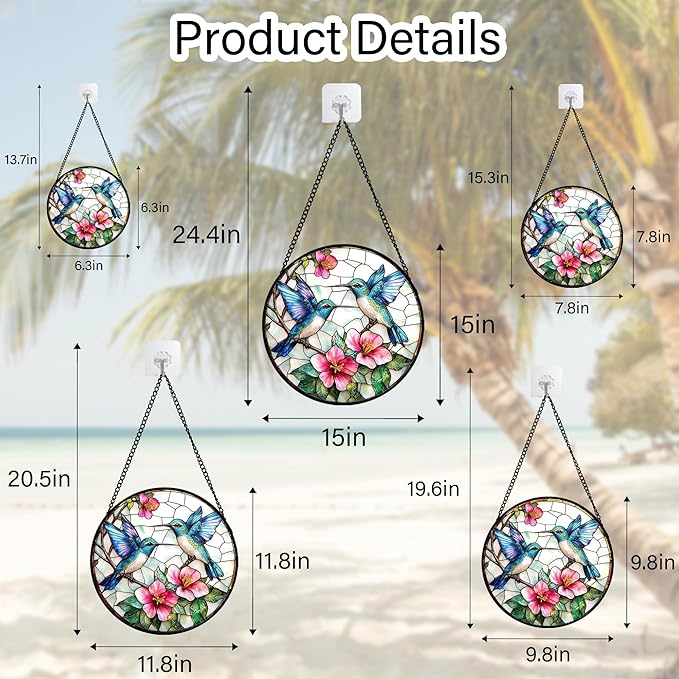 JOSUMALY Stained Glass Window Hanging - Blue White Hummingbirds Pink Flowers Suncatcher for Door Terrace Garden Home Decor Bird Sun Catcher Birthday Gifts for Lovers Women Men Dad Mom Nana 6.3 in