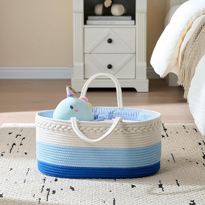 luxury little Diaper Caddy Organizer, Large Cotton Rope Nursery Baby Basket, Changing Table Organizer for Baby Diaper Storage, Portable Car Organizer Removable Divider (Blue, Large)
