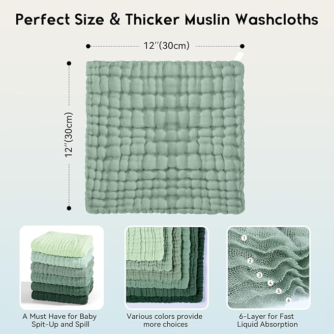 Unnivoll Muslin Burp Cloths Baby 12''X12'', Baby Washcloths 6 Pack, 100% Cotton Baby Wash Cloths Absorbent and Soft for Newborn Infants Kids Boys Girls - Gradient Green
