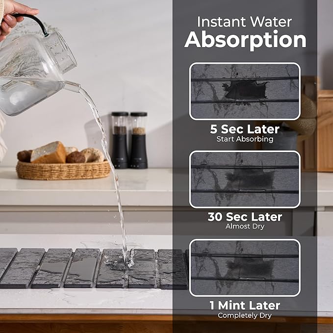 Large Stone Dish Drying Mat for Kitchen Counter, 2PCS Stone Drying Mat for Kitchen Counter, Foldable Water Absorbing Diatomaceous Earth Drying Pad for Bottles Dish Cups(Dark Gray 24"×16" & 8"x5")