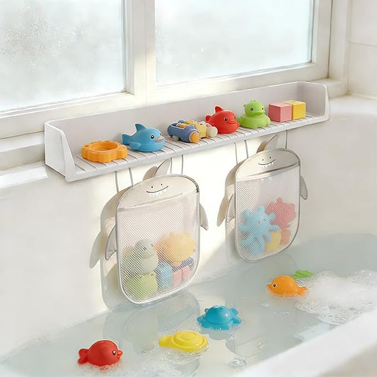 Extra-Long 31.5 Inch Bathtub Splash Guard for Kids,2 Storage Pockets Large Capacity Bath Toy Caddy Holder,Silicone Water Shield Prevent Bathroom Spills