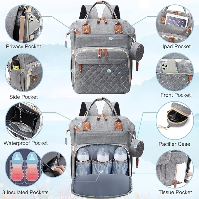 SHITIESHOU Diaper Bag Backpack Baby Bag, Baby Girl Boy Diaper Bag for Dad Mom with Pad, 16 Pockets, Pacifier Case, Large Diaper Bags Unisex for Travel (Grey)