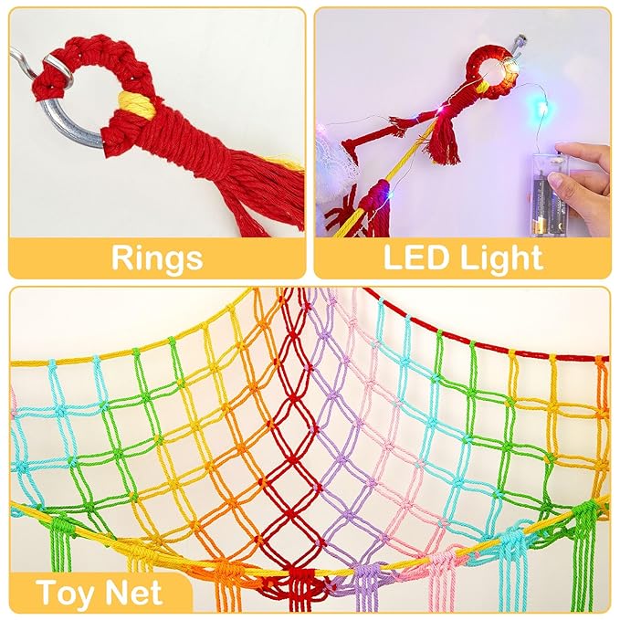 Basumee Stuffed Animals Net or Hammock with LED Light, Hanging Stuffed Animals Storage Toy Hammock Net Corner Wall Girls Room Decor Toy Storage Organizer, Rainbow, L