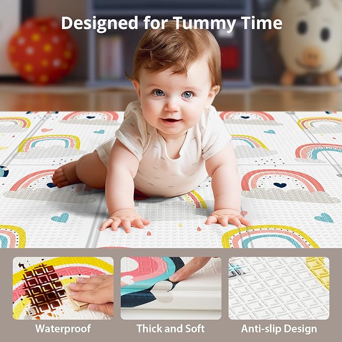 71x59 Foldable Baby Play Mat, Foam and Waterproof Playmat for Floor, Babies Activity Tummy Time Playmats, Portable & Anti-Slip Crawling Mats, Reversible Floor Mat for Kids, Infant, Toddler(Rainbow)