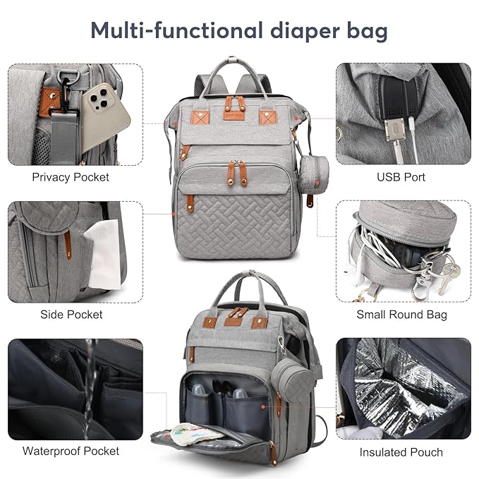 JKJRJJ Diaper Bag Backpack with Changing Station, Large Diaper Bag For Boys And Girls, Multifunctional Waterproof Travel Diaper Backpack, Baby Bag with USB Charging Port for Moms Dads, grey