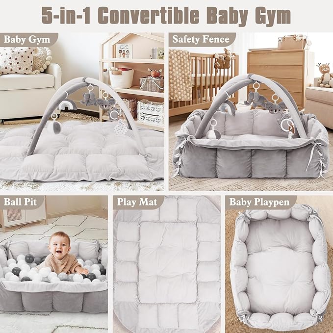 5-in-1 Plush Baby Play Gym, Baby Play Mats, Convertible Baby Gym, Tummy time mat, 6 Sensory Toys, Activity Center, Ball Pit, Grey