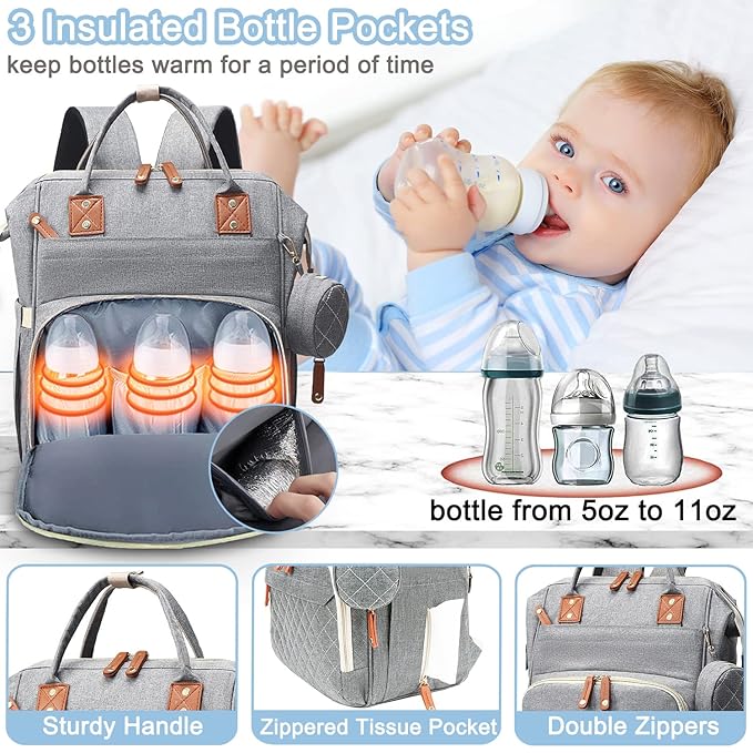 SHITIESHOU Diaper Bag Backpack Baby Bag, Baby Girl Boy Diaper Bag for Dad Mom with Pad, 16 Pockets, Pacifier Case, Large Diaper Bags Unisex for Travel (Grey)