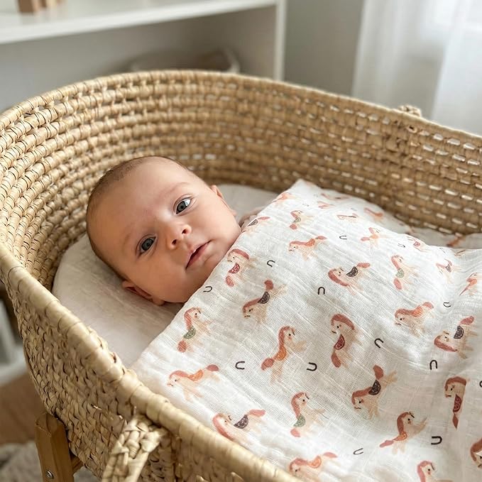 Muslin Swaddle Blankets for Newborn, 4 Pack Cotton Baby Blankets, Large 31.5 x 43.3 inch Breathable Soft Receiving Blanket, Essentials Swaddle Wrap Burping Clothes, Orange Rainbow Horse