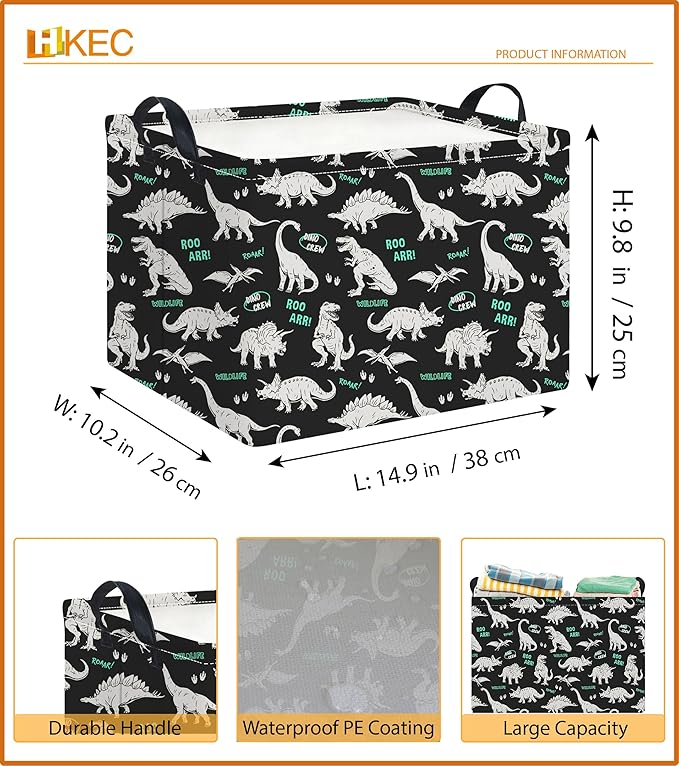 HKEC Rectangle Storage Basket with Handles,Collapsible Storage Bin,Books Box,Gift Basket(Green Word Dinosaur)