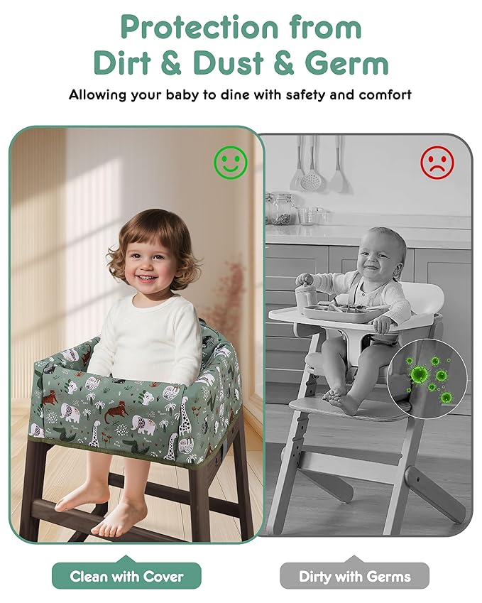 Lunobubo Baby High Chair Cover Restaurant with Strap Pads & 3-Point Harness, Machine Washable, Waterproof Portable Highchair Covers for Eating, Travel, Home Use - Fits Wooden Chairs, Green Dinosaurs