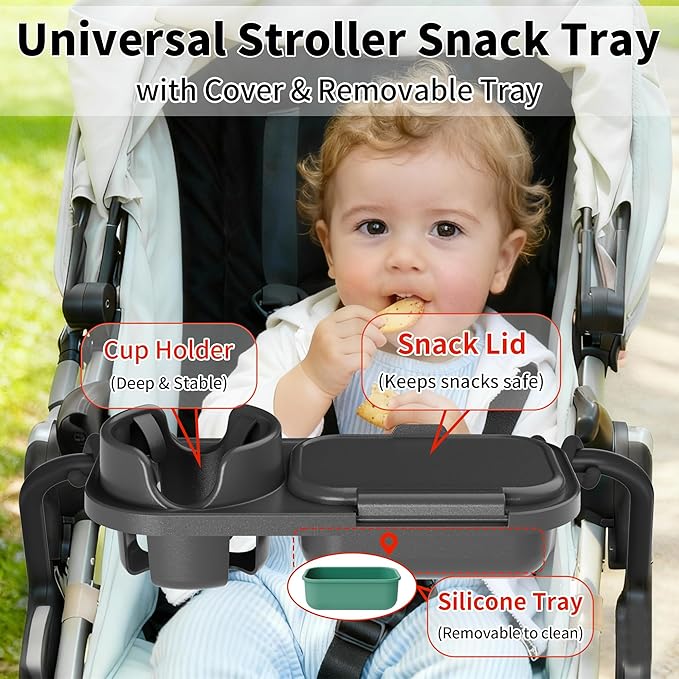 Universal Stroller Snack Tray, with Cup Holder & Removable Silicone Tray – 3-in-1 Stroller Tray Attachment for Uppababy, Nuna, Mockingbird – Easy Clean, Stable Grip, Toddler Snacking On The Go