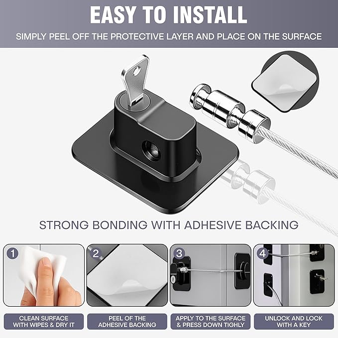 2Pcs Refrigerator Lock with Keys, Child Proof Cabinet Lock With Strong Adhesive, ABS Plastic & Stainless Steel Wire, Multi-Purpose Baby Proof for Fridge, Freezer, Cabinets, Drawers, Oven, Toilet & RVs