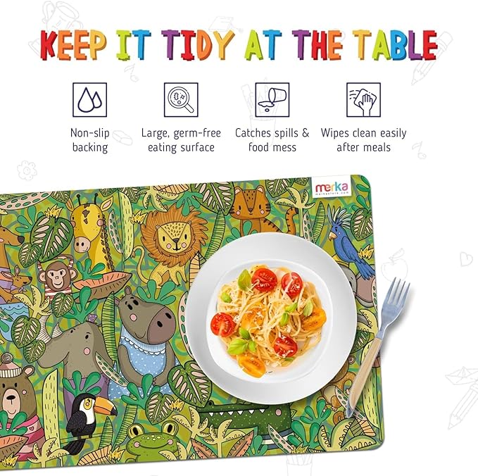 merka Kids Placemats - 17 x 11 in, Multicolor, Set of 4 - Washable Plastic Dining Table Placemats - Reusable & Wipeable Ocean, Space, Jungle & Unicorn Themes - Ages 2+