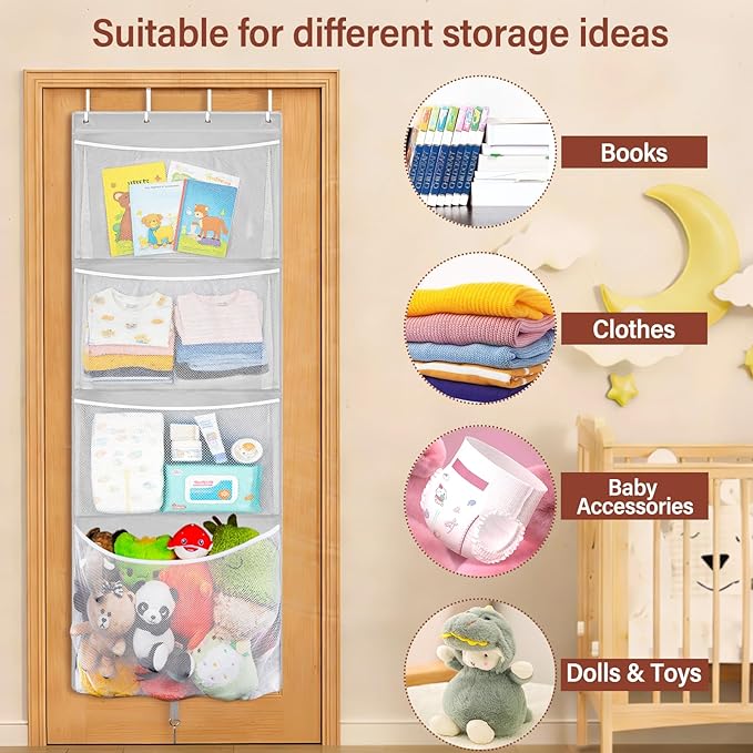Woodoulogy Hanging Stuffed Animal Storage, Over Door Large Plush Toy Organizer with Metal Hook, Baby Accessory Holder Idea for Nursery, Doll & Bear Mesh Hammock Bag for Girl Boy Kid Room