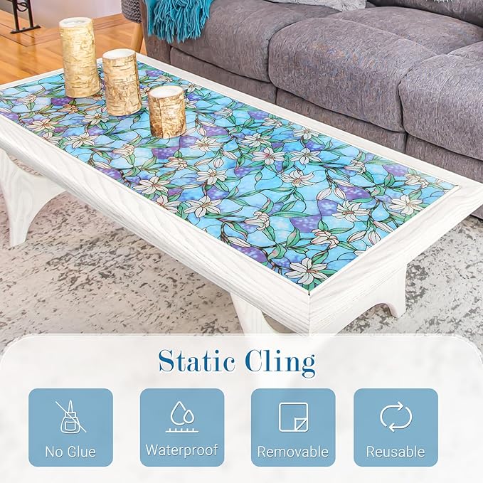 rabbitgoo Stained Glass Window Film, Anti UV Heat Blocking Privacy Film for Glass Window Door Covering, Static Cling Removable Decorative Privacy Sticker for Bathroom, Blue Lily, 35.4 x 118.1 Inches